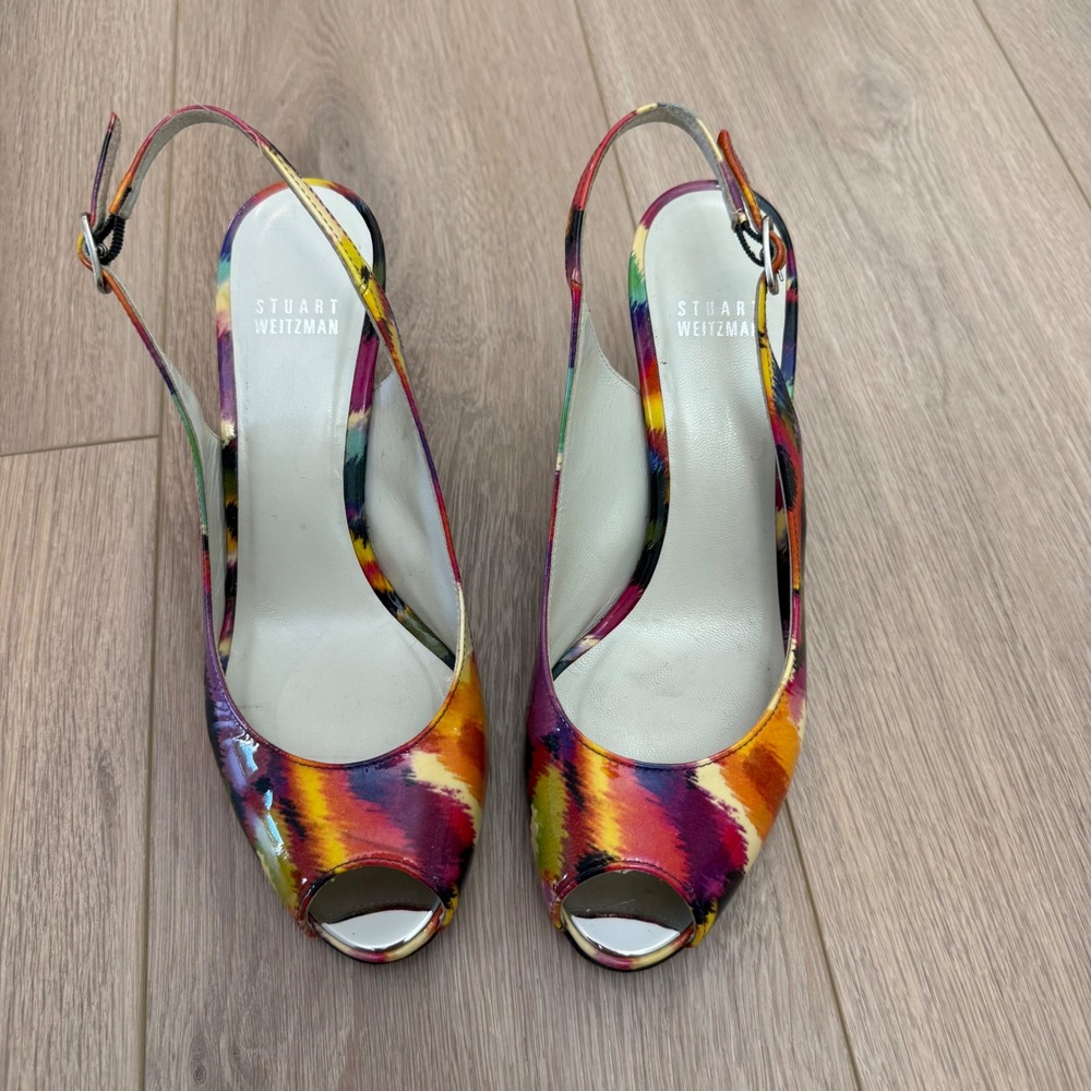 RARE Stuart Weitzman Multi-Color Ikat Patent Leather Peep Toe Wedge Sandals 8M - Picture 2 of 9